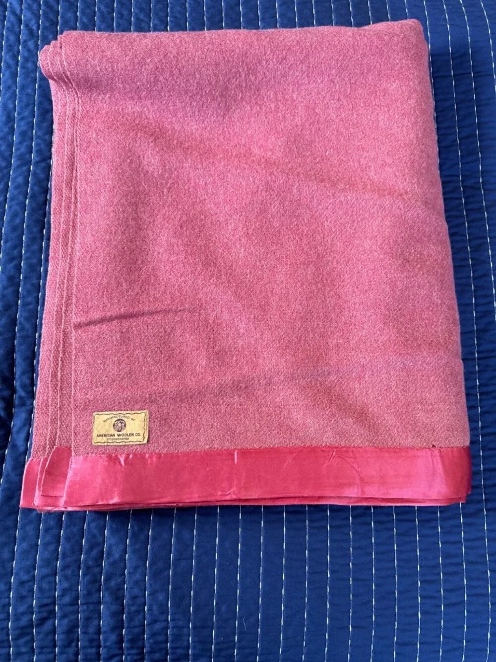 Vintage American Woolen Co. Pink Wool Blanket with Lace Trim 88” x 72”
